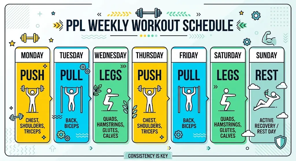  six day split workout weekly schedule chart]