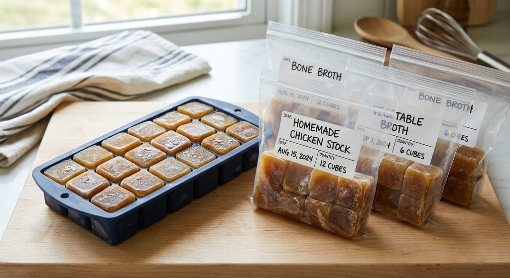 frozen soup stock cubes and freezer storage containers